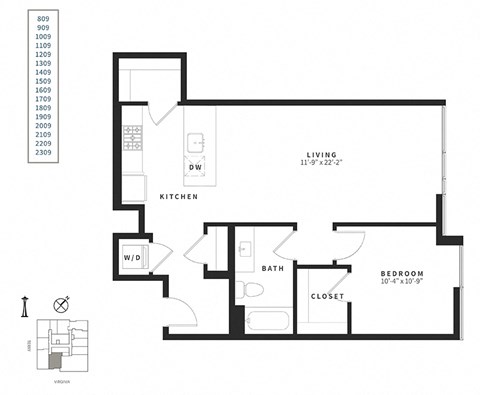 Floor plan for 1 bed, 1 bath, 805 sqft
